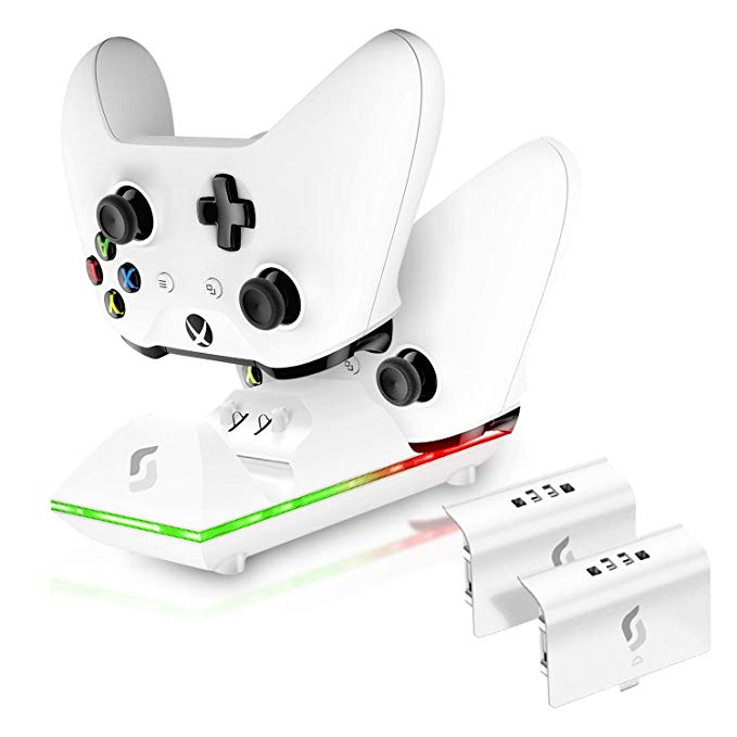Sliq Xbox One/One X/One S Controller Charger Station and Battery Pack - Fits Two Wireless Game Pads, Includes 2 Rechargeable Batteries - Also Compatible with Elite and PC Versions (White)