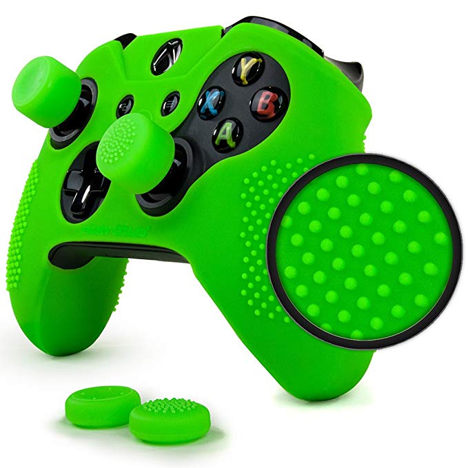 ParticleGrip STUDDED Skin Set for Xbox One (& One S) by Foamy Lizard – PATENT PENDING Silicone Skin Cover Antislip Studs PLUS matching set of 4 AceShot Analog Thumbgrips (Green)
