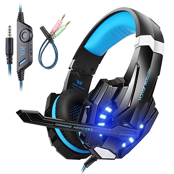 Mengshen Gaming Headset for PS4/ Xbox one/Xbox One S/PC/ Mac/Laptop/ Cell Phone - Gaming Headphone with Mic, LED Light, Bass Surround, Noise Cancelling, Soft Earmuffs, G9000 Blue