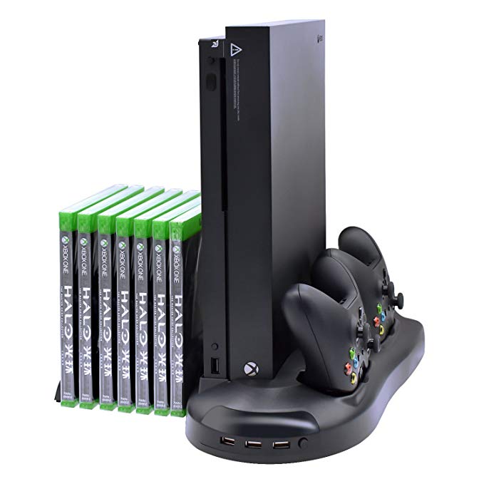 Charging Station for Xbox One X,Charging Dock for Xbox One X Accessories with 2 Fans,3 USB hubs and Game Rack for Organization and Charge (Only for XBOX ONE X)