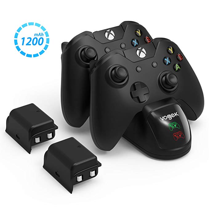 VOGEK Xbox One/One X/One S Controller Charger, [Dual Slot] High Speed Docking/Charging Station with 2 x 1200mAh Rechargeable Battery Packs (Standard and Elite Compatible)