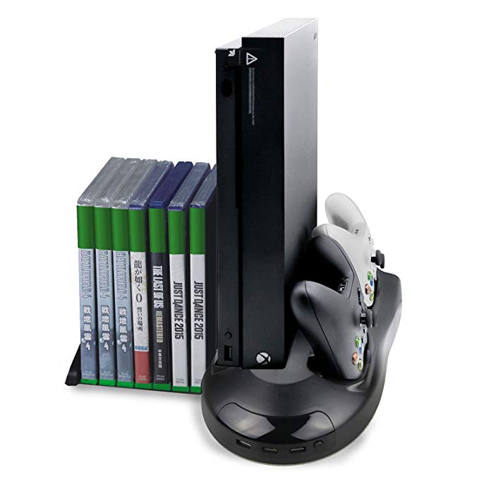 Connyam Xbox One X Vertical Stand with Cooling Fan and Dual Charging Station for Xbox One X Controllers, with 3 Extra USB Hub Ports and 7 Game Disc Storage (Compatible with Xbox One X Only)