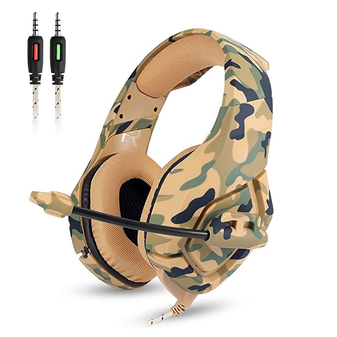 Gaming Headset - Onikuma K1-B 3.5mm Over-ear Stereo Gaming Headphones with Mic,Noise Reduction,Volume Control, Foldable Earphones for Xbox One/Switch/PS4/CF/Laptop/Smartphone(Camo Green)