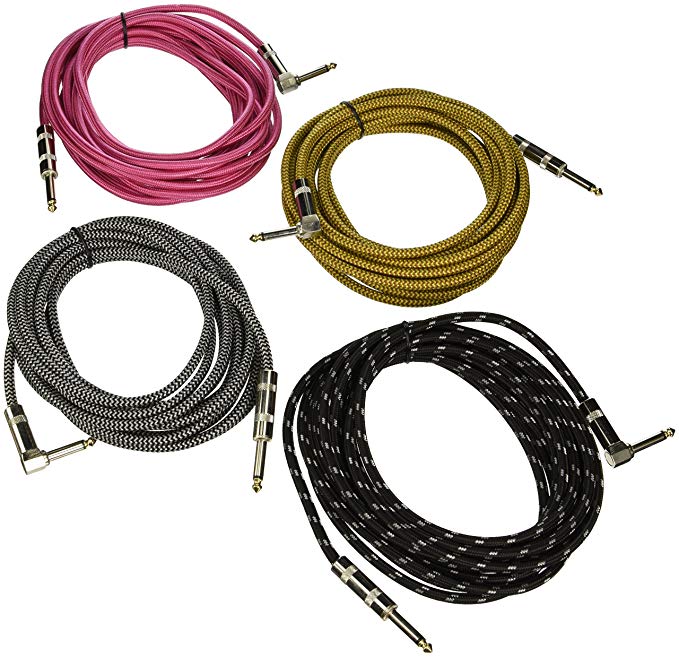 Seismic Audio SAGCR-20-VAR Multi-Color 20-Feet Tweed Woven Cloth Guitar Cables/Instrument Cables, 4 Pack