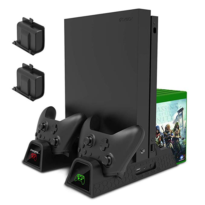 MENEEA Charging Stand for Xbox One/Xbox One S/Xbox One X Console and Controllers, Vertical Cooling Stand Accessories with 2 Cooling Fans,600 mAh Batteries 2 Pack,LED Indicators and Games Storage