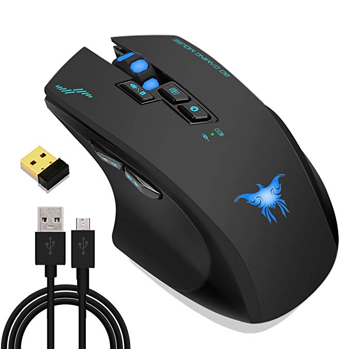 Hotyet Rechargeable Laptop Wireless Mouse 2in1 Wired & Wireless Optical Computer PC Gaming Macbook mice with USB,2.4GHz,2400 DPI 4 Levels,8 Buttons,3 Colors Lights