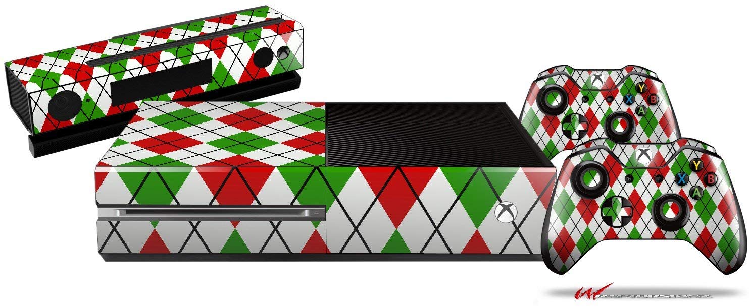 Argyle Red and Green - Holiday Bundle Decal Style Skin Set fits XBOX One Console, Kinect and 2 Controllers (XBOX SYSTEM SOLD SEPARATELY)