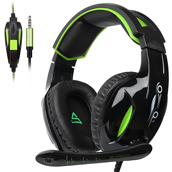 SUPSOO G813 Xbox one Gaming Headset 3.5mm Stereo Wired Over Ear Gaming Headset with Mic&Noise Cancelling & Volume Control for New Xbox One/PC / Mac/ PS4/ Table/Phone (Black&Green)