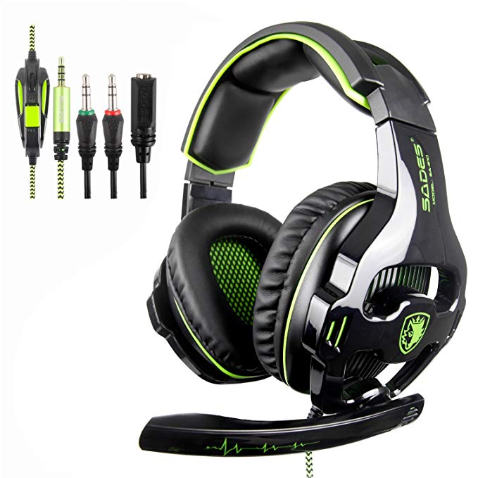 PS4 Headset,SADES 810 PC Gaming Headset Over-Ear Gaming Headphones with Mic Noise Cancelling & Volume Control for Laptop Mac Nintendo Switch New Xbox One PS4 (Black&Green)