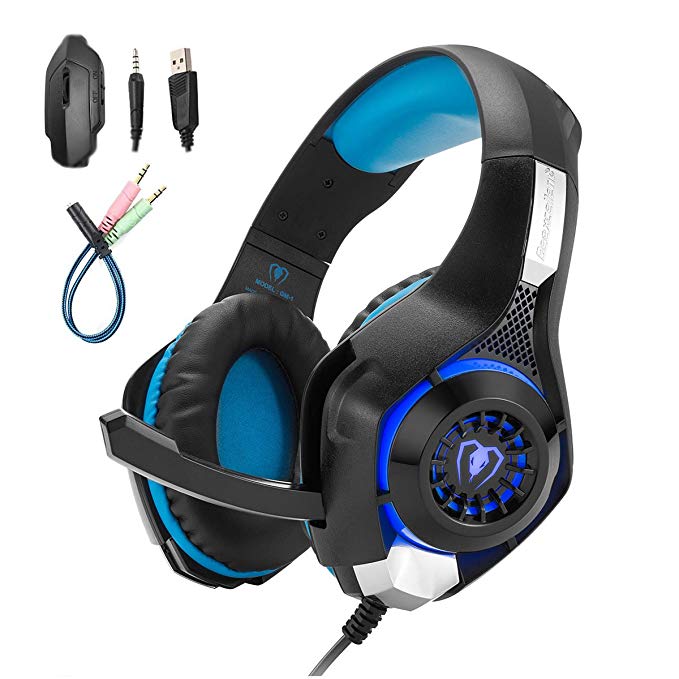 Mengshen Gaming Headset Compatible PC/Laptop/ Smartphones/ PS4/ Xbox One - with Mic, Volume Control, Cool LED Lights and Soft Earpads - GM1 Blue