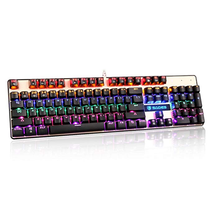 SADES K10 LED Backlit Wired USB Mechanical Gaming Keyboard with Blue Switches - Black / Gold
