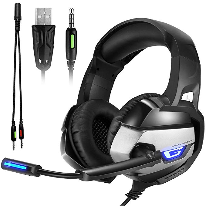 Gaming Headset - Onikuma K5 3.5mm Over-ear Stereo Gaming Headphones with Mic,Noise Reduction,Volume Control, LED Lights, Foldable Earphones for Xbox One/Switch/PS4/CF/Laptop/Smartphone (Black/Gray) 