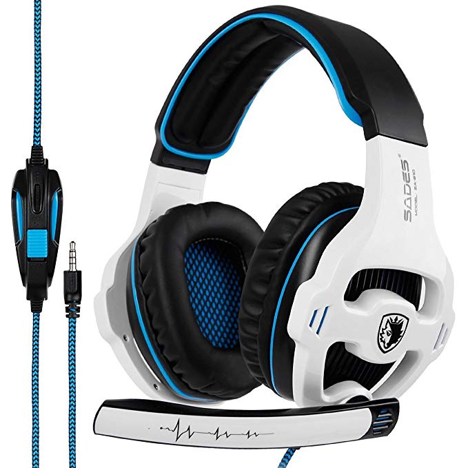 SADES SA810 Gaming Headset Stereo Surround Sound Headphones Volume Control Bass Gaming Headphones with Noise Isolating Microphone for Xbox One PS4 PC Laptop Mac(White and Blue)
