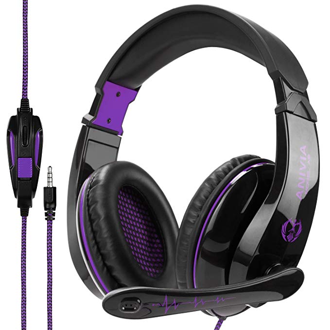 Stereo Gaming Headset PS4 Xbox One X, Anivia A9S Wired Over Ear Headphone with Mic for PC MAC Laptop Mobile iPad Nintendo Switch Games(Black Purple)